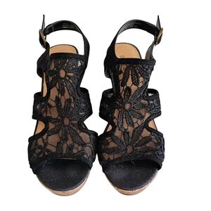 DEPT 222 Artesia Black Women's Platform Cork Sandals 4" Heel Side Buckle 8W